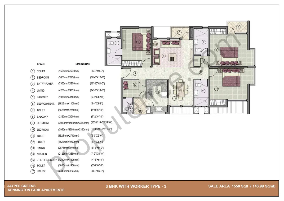 3 BHK + Worker  Type 3