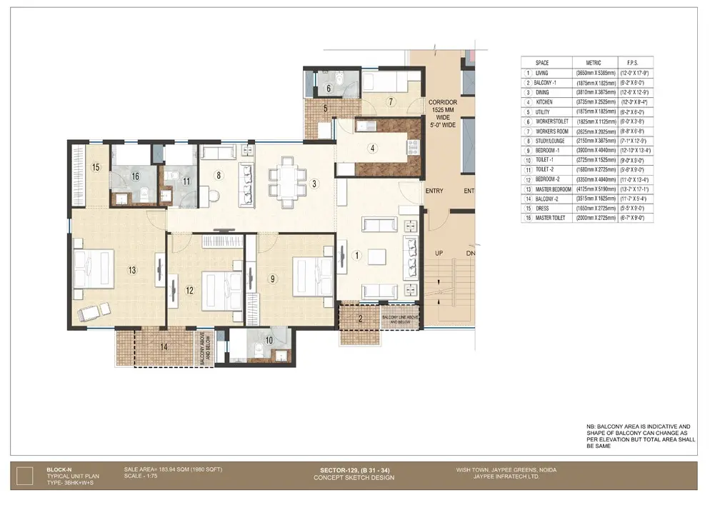 3 BHK + Worker + Study