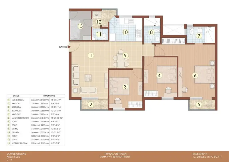 3 BHK 2 Bath + W