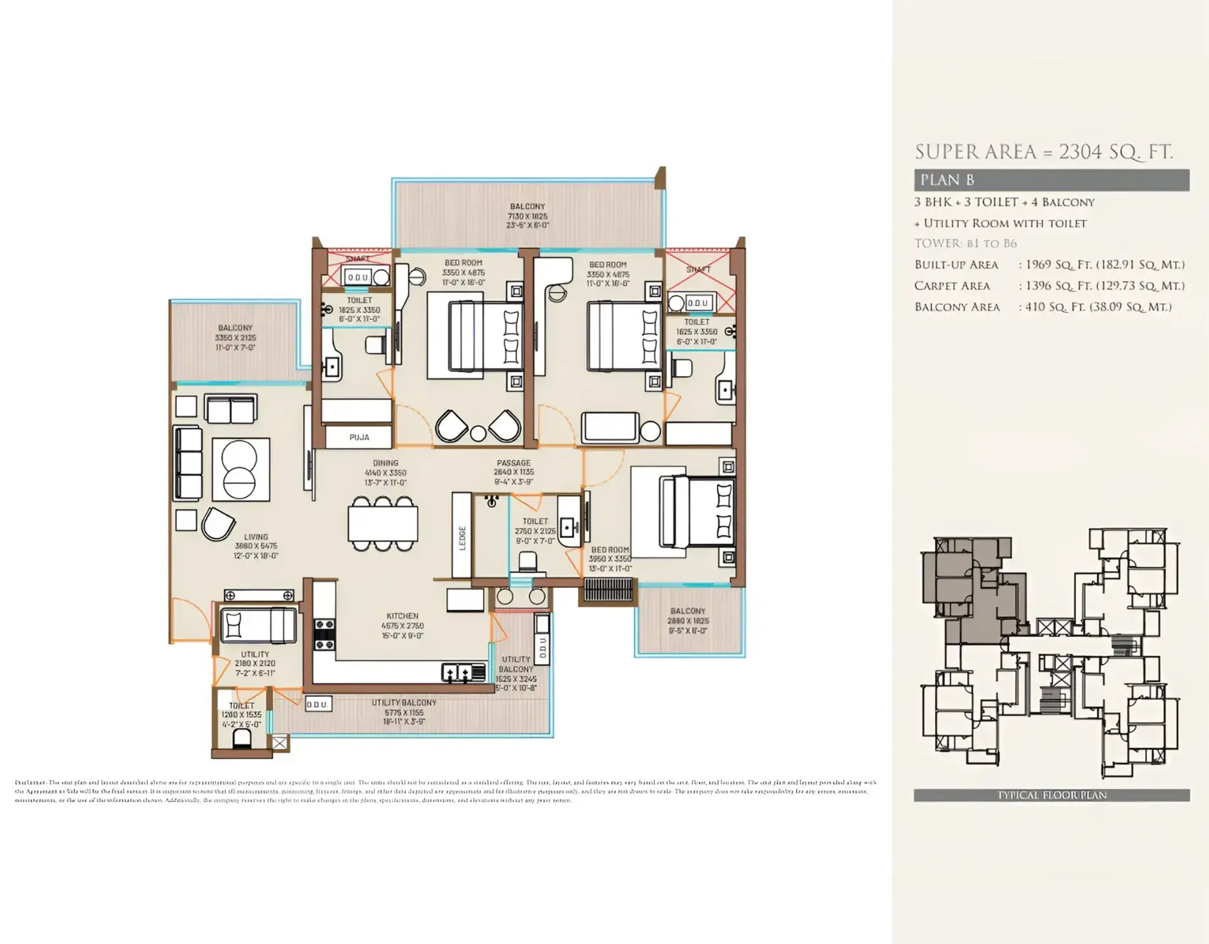 3 BHK 3T 4 Balcony Utility