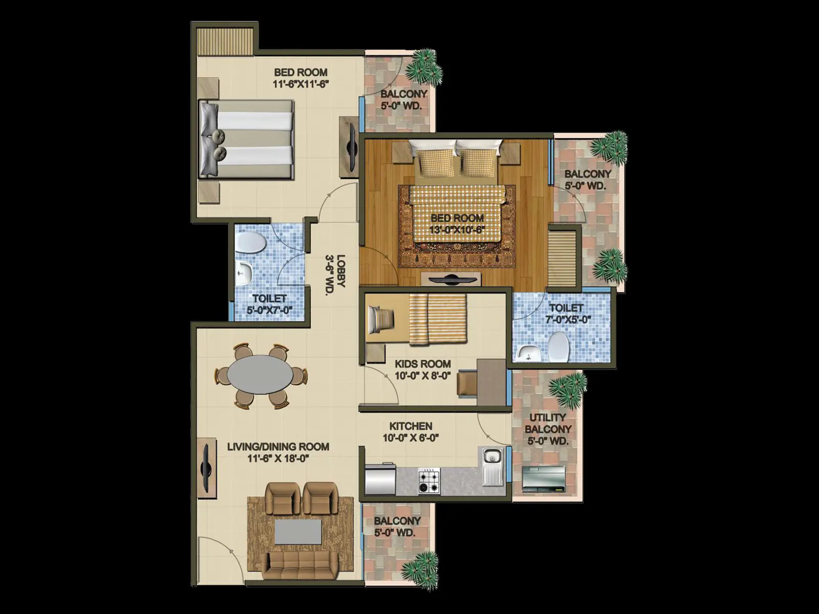2 BHK 2 Toilet + Kids