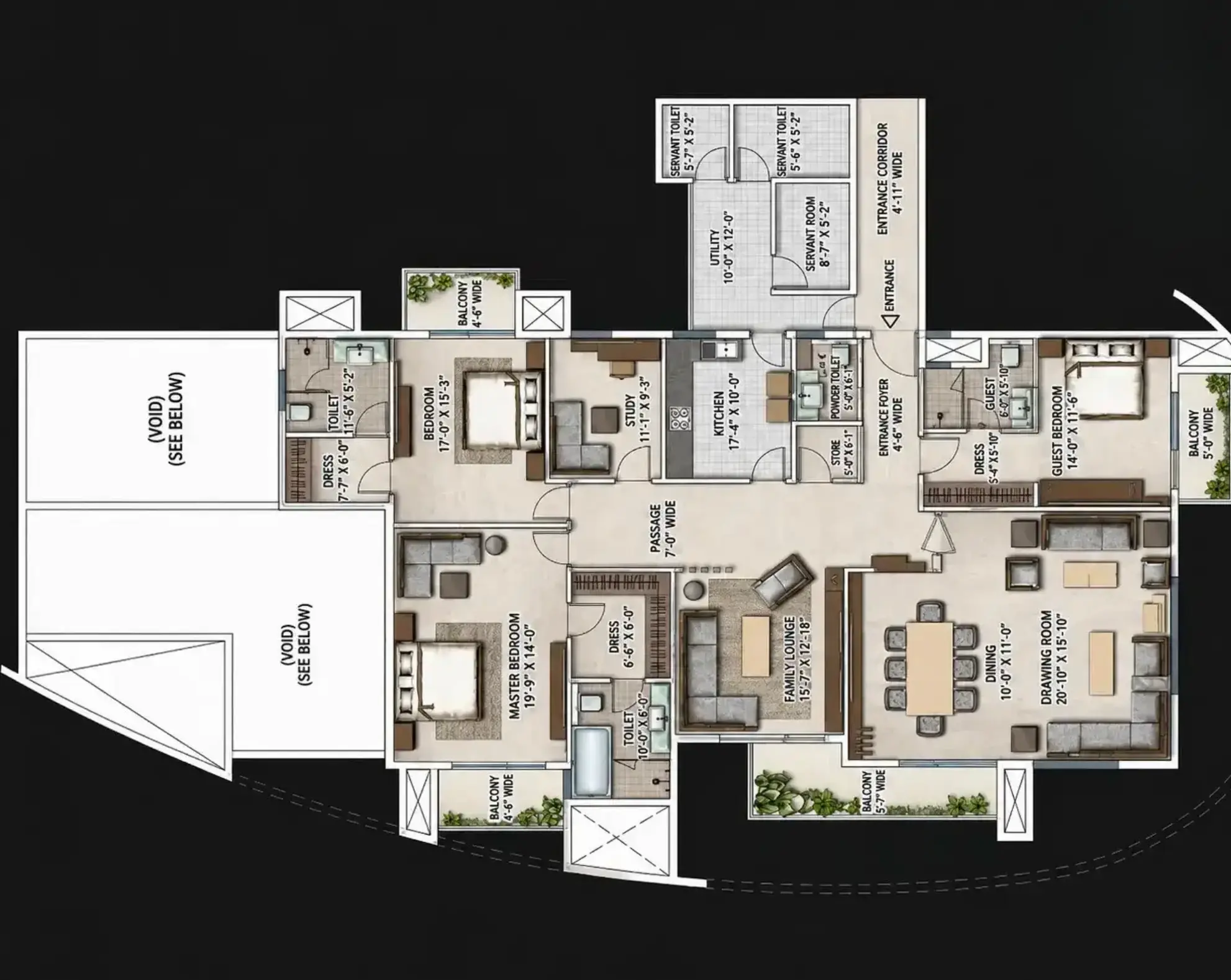 3 Bedrooms + Family Lounge + Study + Servant Room