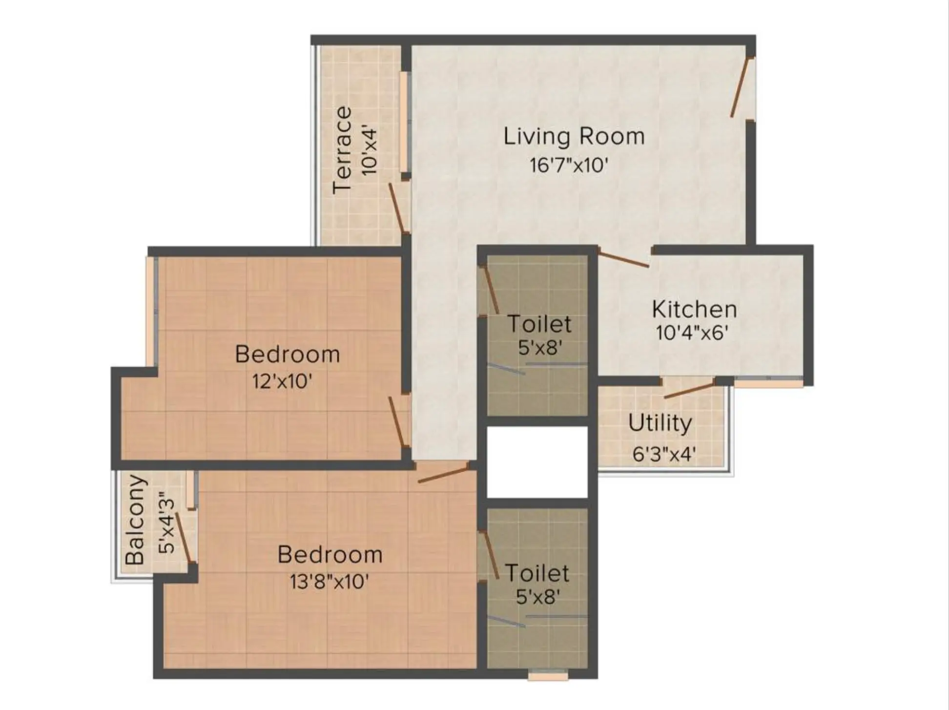 2 Bedrooms & Toilet