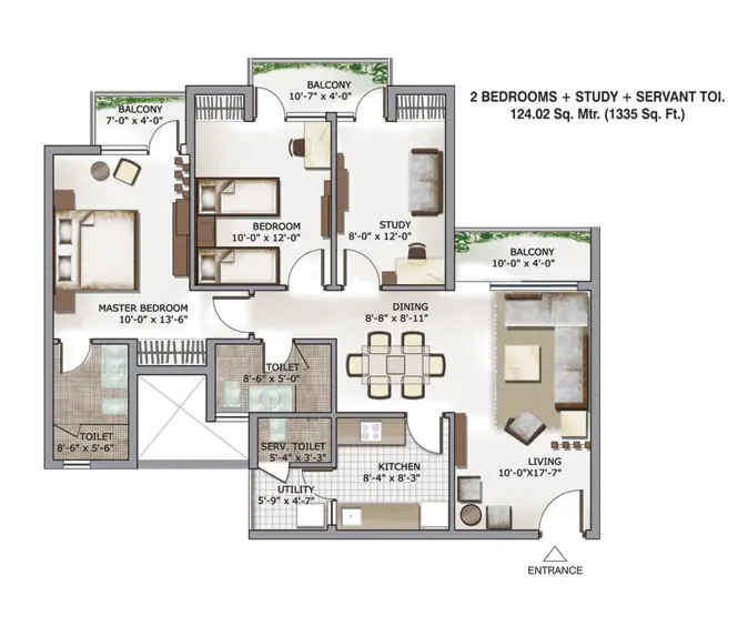 2 Bedrooms + Study + Servant Toi.