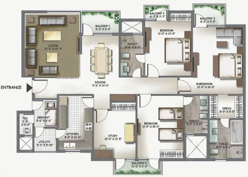 3 Bedroom + Study + Servant Room