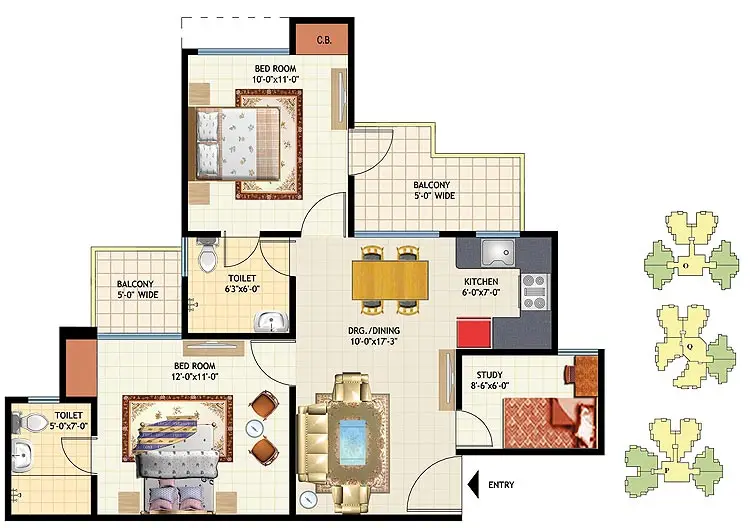 Two Bedroom + 2 Toilet + Study (Tower O & P)