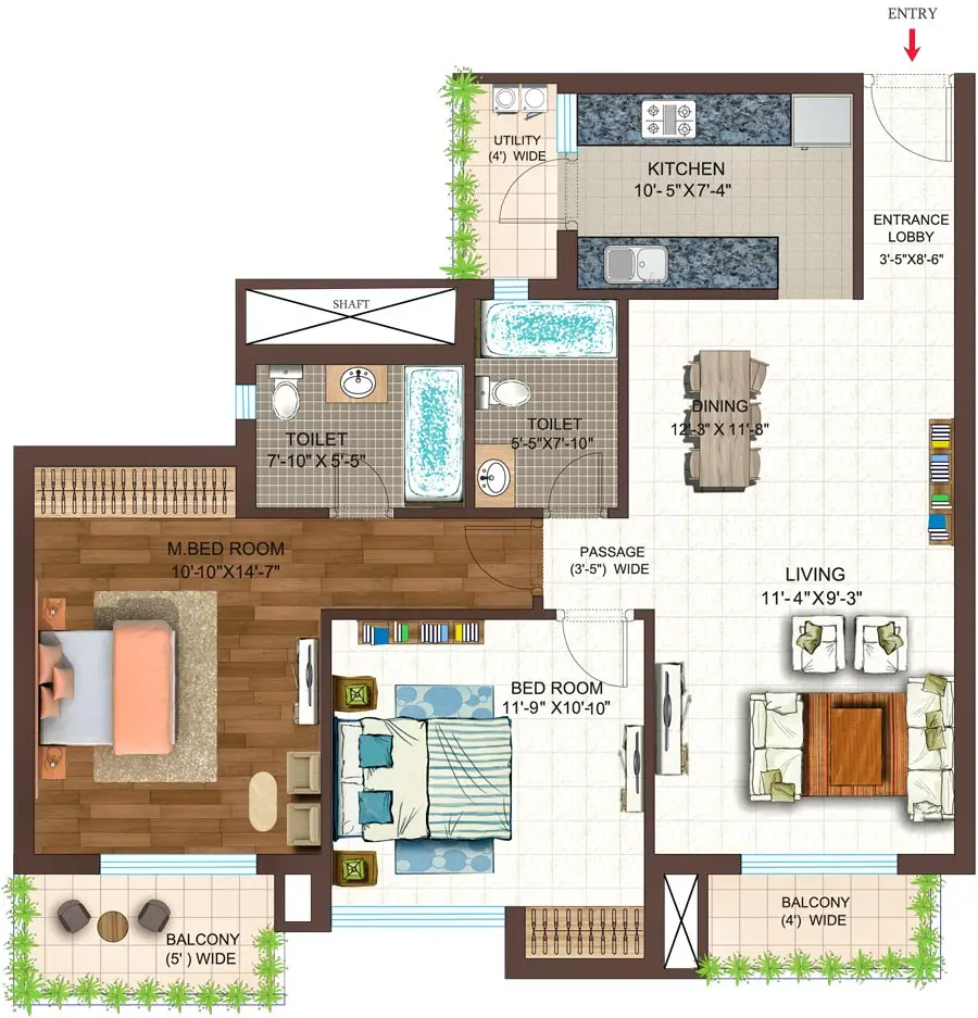 2BHK + Study (2B + 2T + Study)