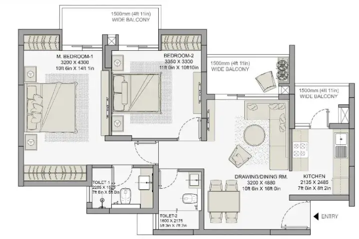 2 BHK Apartment + 2 Toilets