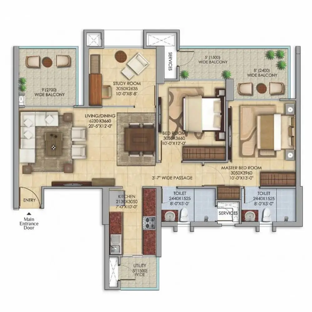 2 bed + study