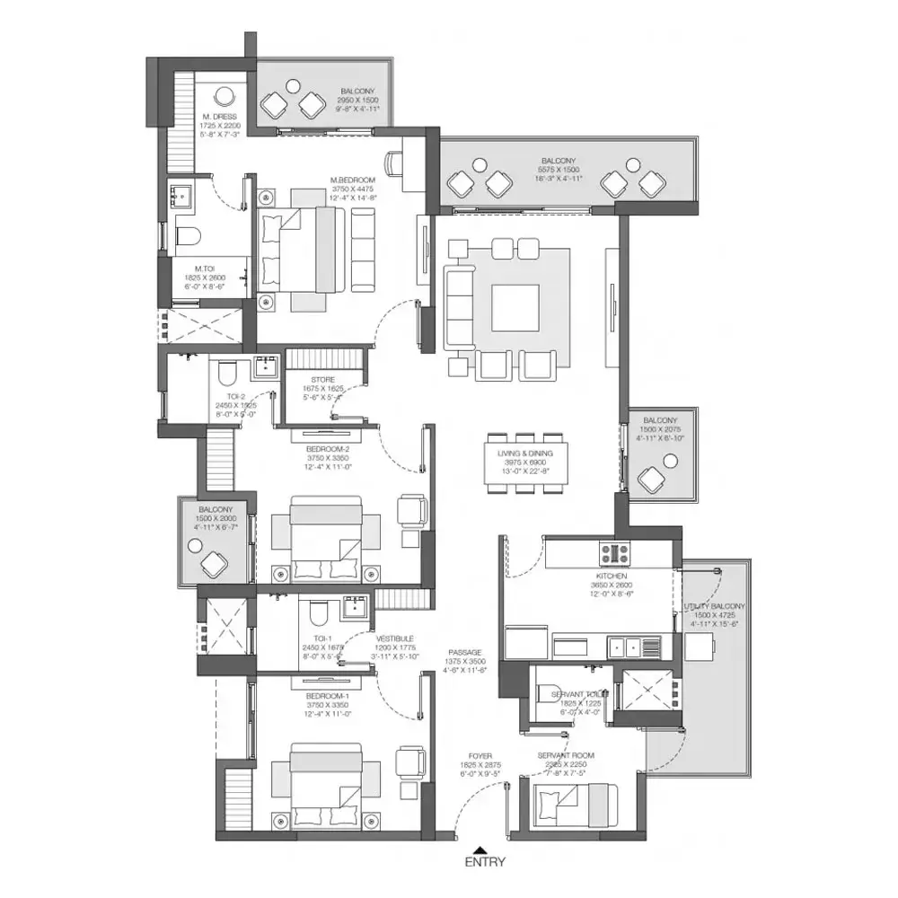 3 BHK Apartment + 2 Store/Utility