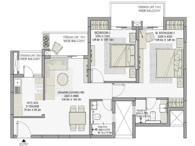 2 BHK Apartment + 2 Toilets