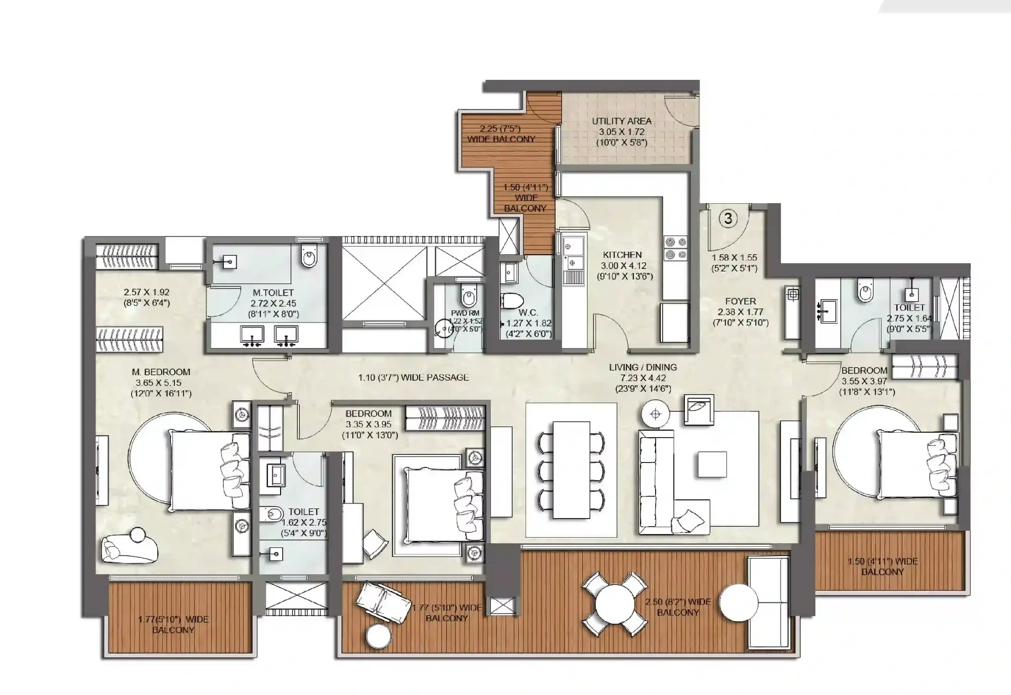 3 BHK Apartment + 3 Toilets
